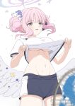  1girl angel_wings black_scrunchie blue_archive blush breasts clothes_lift cowboy_shot double_bun electric_fan feathered_wings gradient_halo groin gym_shorts gym_uniform hair_bun hair_ornament hair_scrunchie hakuaiiii halo highres large_breasts lifting_own_clothes long_hair low_wings mika_(blue_archive) mika_(track)_(blue_archive) multicolored_halo navel no_bra official_alternate_costume official_alternate_hairstyle open_mouth pink_hair pink_halo scrunchie shirt_lift short_shorts shorts simple_background solo stomach sweatdrop trinity_general_school_sportswear underboob white_background white_scrunchie white_wings wing_ornament wings yellow_eyes 
