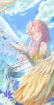  1girl absurdres bare_shoulders blue_flower braid building colored_eyelashes commentary_request cowboy_shot crown_braid daisy_(flower) dawning_heartlight_(infinity_nikki) day detached_sleeves dot_nose dress english_commentary falling_leaves feather-trimmed_dress feather_hair_ornament feathered_wings feathers flower grin hair_ornament hair_over_shoulder happy highres infinity_nikki kohanai_setsuna laurel_crown leaf light_blush light_particles lipstick long_dress long_hair long_sleeves looking_at_viewer low_ponytail makeup mascara mixed-language_commentary nail_polish nikki_(series) outdoors outstretched_hand pink_hair pink_lips pink_nails ponytail sleeves_past_wrists smile solo spread_wings standing strapless strapless_dress tight_clothes tight_dress tree two-tone_wings water waterfall wavy_hair white_flower white_sleeves white_wings wings yellow_dress yellow_eyes yellow_wings 