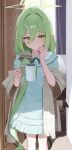  1girl absurdres black_tail blue_archive blue_nightgown blue_pajamas blush chinese_commentary closed_mouth coffee_mug commentary_request cup demon_tail green_hair green_halo grey_scrunchie grey_shawl grid_shawl hair_between_eyes hair_ornament hair_scrunchie halo highres holding holding_cup huashengjiang_gan_lao_mian long_hair looking_at_viewer low_side_ponytail mug nightgown nozomi_(blue_archive) nozomi_(kujibikido)_(blue_archive) official_alternate_costume pajamas pointy_ears scrunchie shawl side_ponytail smile solo tail very_long_hair yellow_eyes 