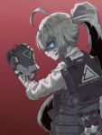  ahoge ammunition_pouch ballistic_shield blue_archive bulletproof_vest commentary halo highres holding holding_detached_head hoshino_(armed)_(blue_archive) hoshino_(blue_archive) kaiser_pmc_robot_mercenary_(blue_archive) long_hair looking_at_viewer looking_to_the_side lord_potato monochrome ponytail pouch profile robot school_uniform shield shirt tactical_school_uniform white_shirt 