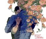  2boys ao_isami black_hair blonde_hair blue_jacket bluesky_username blurry blurry_foreground commentary_request flower from_behind green_jacket highres hug jacket lewis_smith male_focus multiple_boys saeki316 short_hair sleeves_rolled_up twitter_username upper_body white_background yaoi yuuki_bakuhatsu_bang_bravern 