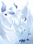  absol asymmetrical_horns claws highres horns mega_absol mega_pokemon n29w97zptb67768 no_humans pokemon pokemon_(creature) pokemon_focus red_eyes simple_background solo standing white_background white_fur wings 