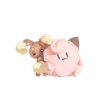  absurdres animal_ears animal_feet animal_hands animal_nose artist_name body_fur brown_eyes brown_fur buneary character_doll clefairy commentary doll full_body furry hiding highres kurageeeee10 looking_at_viewer no_humans peeking_out poke_doll pokemon pokemon_(creature) pokemon_focus rabbit_ears signature simple_background solo standing stuffed_animal stuffed_toy two-tone_fur white_background yellow_fur 