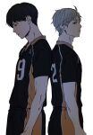  2boys adam's_apple back-to-back black_hair funiraku grey_hair haikyuu!! highres kageyama_tobio karasuno_volleyball_uniform male_focus multiple_boys short_hair shorts simple_background standing sugawara_koushi white_background 