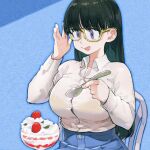  1girl :p adjusting_eyewear black_hair blue_background blue_skirt borrowed_character bra bra_visible_through_clothes breasts button_gap buttons chair closed_mouth collared_shirt commentary commission cropped denim denim_skirt eating english_commentary eyelashes food food_on_face fruit full_stomach glasses glutton gradient_eyes hands_up high-waist_skirt highres holding holding_spoon jun_(navigavi) large_breasts licking_lips long_hair long_sleeves looking_at_food looking_down multicolored_eyes nose on_chair original purple_eyes see-through_clothes see-through_shirt shirt shirt_tucked_in simple_background sitting skeb_commission skirt solo sparkling_eyes spoon strawberry taut_clothes taut_shirt tongue tongue_out underwear upper_body whipped_cream white_shirt yellow-framed_eyewear yellow_bra 