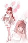  1girl absurdres akane_lize balloon bare_legs block_heels blonde_streaks blush bow breasts choker cleavage collarbone colored_inner_hair commentary dress grey_eyes hair_bow highres kuca_(ku_ca18) large_breasts long_hair looking_at_viewer multicolored_hair multiple_views open_mouth pleated_dress red_hair shoes short_dress simple_background smile spaghetti_strap standing stellive straight_hair streaked_hair virtual_youtuber white_background white_bow white_choker white_dress white_shoes 