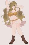  1girl armpits bare_arms bare_legs bare_shoulders blonde_hair breasts cleavage commentary_request green_eyes hair_over_one_eye hands_in_own_hair highres korean_commentary light_frown limbus_company looking_at_viewer medium_breasts midriff navel no_shoes pantyhose project_moon simple_background sitting thighs underwear underwear_only valencina_(project_moon) white_background yuj7i 