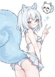  1girl absurdres animal_ears ass bandaid bandaid_on_face bikini bikini_skirt blue_eyes blue_hair blush breasts chiikawa commentary cowboy_shot frilled_bikini frills grin highres humanization humanoid_and_humanization large_tail looking_at_viewer looking_back medium_hair miclipse momonga_(chiikawa) short_hair simple_background small_breasts smile solo squirrel_ears squirrel_girl squirrel_tail swimsuit tail v white_background white_bikini white_hair 