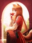  1girl absurdres animal_ear_fluff animal_ears apple arch blunt_bangs blush brown_hair brown_tail commentary dress eating english_commentary food from_side fruit highres holding holding_food holding_fruit holding_leaf holo indoors leaf long_hair long_sleeves looking_at_viewer open_mouth profile red_dress red_eyes shirt shirt_under_dress solo spice_and_wolf tail tan0915 upper_body white_shirt wolf_ears wolf_girl wolf_tail 
