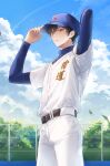  1boy adjusting_clothes adjusting_headwear arm_up belt black_belt black_hair buttons closed_mouth cloud commentary_request daiya_no_ace day from_below furuya_satoru hair_between_eyes heeri highres layered_sleeves long_sleeves looking_at_viewer male_focus outdoors pants short_hair short_over_long_sleeves short_sleeves sky solo white_pants 