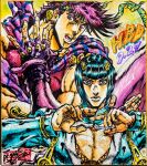  2boys adversarial_noise ashiya_kouhei battle_tendency blue_eyes blue_hair blue_lips bob_cut bruno_bucciarati commentary_request fingerless_gloves gloves green_headband hair_ornament hairclip happy_birthday headband highres jojo_no_kimyou_na_bouken joseph_joestar joseph_joestar_(young) lips male_focus marker_(medium) multiple_boys muscular muscular_male open_mouth pectoral_cleavage pectorals purple_eyes purple_gloves purple_hair scarf striped_clothes striped_scarf traditional_media vento_aureo watermark zipper zipper_pull_tab 