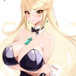 1girl absurdres bangs bare_shoulders blonde_hair bow breasts chest_jewel cleavage detached_collar earrings highres huge_breasts jewelry long_hair looking_at_viewer mythra_(xenoblade) playboy_bunny risumi_(taka-fallcherryblossom) solo strapless swept_bangs tiara tsundere very_long_hair xenoblade_chronicles_(series) xenoblade_chronicles_2 yellow_eyes 
