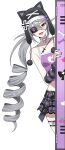  1girl absurdres animal_ears animal_hat arm_warmers bare_shoulders belt black_arm_warmers black_belt black_hat black_nails black_ribbon black_survival bone_print camisole cat_ears cat_hat choker collarbone commentary_request cross dalgam12 drill_hair eternal_return:_black_survival eyepatch fake_animal_ears fang garnet_(black_survival) grey_hair hair_between_eyes hat heart heart_choker heart_print highres korean_commentary light_blush locker long_hair looking_at_viewer midriff nail_polish peeking_out purple_camisole purple_ribbon purple_skirt red_eyes ribbon skirt skull_print smile solo thigh_strap twin_drills white_background white_choker 