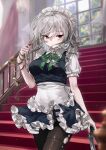  1girl absurdres apron black_pantyhose blue_dress braid closed_mouth commentary_request cropped_legs dress grey_hair highres holding holding_knife holding_pocket_watch izayoi_sakuya knife looking_at_viewer pantyhose pocket_watch pudding_(skymint_028) red_eyes shirt short_dress side_braid sleeveless sleeveless_dress smile solo stairs throwing_knife torn_clothes torn_pantyhose touhou waist_apron watch weapon white_apron white_shirt window 