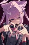  1girl :p black_choker black_sleeves blue_archive bow-shaped_hair buttons choker commentary cone_hair_bun detached_sleeves frilled_shirt frills gradient_eyes hair_bun hair_ornament hairclip halo heart heart_button heart_hands heart_ornament highres jirai_kei karen_(blue_archive) long_hair looking_at_viewer multicolored_eyes multicolored_nails multiple_hairclips nml_(wwg434) pink_eyes pink_ribbon pointy_ears purple_eyes purple_halo ribbon shirt skirt solo tongue tongue_out twintails twintails_with_hair_base two-tone_nails upper_body 