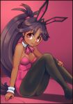  1girl alternate_costume arm_support bangs black_hairband black_pantyhose blush borokuro breasts cleavage closed_mouth commentary_request dark-skinned_female dark_skin detached_sleeves eyelashes from_side hair_rings hairband highres iris_(pokemon) leotard long_hair looking_to_the_side neck_ribbon pantyhose pink_leotard pink_ribbon pokemon pokemon_(game) pokemon_bw2 ponytail purple_hair red_eyes ribbon sitting smile solo tongue tongue_out wrist_cuffs 
