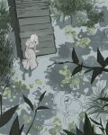  1girl barefoot commentary dock dress from_above lily_pad nature opera865no original painterly partially_submerged plant ripples scenery short_hair sitting solo white_dress white_hair 