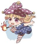  1girl :d american_flag_dress american_flag_legwear blonde_hair blush chibi chibi_only clownpiece commentary_request fairy_wings full_body hair_between_eyes hat highres holding holding_torch jester_cap long_hair neck_ruff no_shoes open_mouth pantyhose pink_eyes pink_hat polka_dot_headwear rokugou_daisuke short_sleeves signature smile solo standing standing_on_one_leg torch touhou wings 
