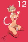  1girl :d absurdres animal_ear_hairband animal_ears bell bikini blonde_hair blue_eyes breasts cat_ear_hairband cat_ears cat_tail christmas cleavage commentary_request derivative_work detached_collar fake_animal_ears fur-trimmed_bikini fur_trim ganbare_douki-chan hairband hands_up hat highres invisible_floor kneeling korean_commentary korean_text linea_alba looking_at_viewer navel neck_bell neck_ribbon no_shoes nyamnyam_(pixiv_50938473) open_mouth over-kneehighs paw_pose red_background red_bikini red_hairband red_ribbon red_thighhighs ribbon santa_bikini santa_costume santa_hat shinjin-chan_(douki-chan) short_hair side-tie_bikini_bottom sidelocks smile solo swimsuit tail thighhighs translation_request white_wrist_cuffs wrist_cuffs 