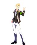  1boy black_footwear blonde_hair buttons full_body highres idolmaster idolmaster_side-m ijuuin_hokuto jewelry long_sleeves male_focus necklace official_alternate_costume official_art pants smile solo transparent_background white_pants 
