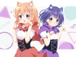  2girls absurdres animal_ears blue_eyes blue_hair blush bob_cut capelet cat_ears cat_girl circle commentary_request cowboy_shot cross-laced_clothes cross-laced_dress diamond_mouth fang flower fuiba_fuyu gochuumon_wa_usagi_desu_ka? hair_flower hair_ornament hairclip hands_up highres hoto_cocoa leaf_hair_ornament looking_at_viewer medium_hair multiple_girls namakemono_(lazysloth2022) orange_hair parallel_hairclips paw_pose pink_flower purple_capelet purple_eyes purple_skirt red_capelet red_skirt shirt short_hair skin_fang skirt triangle underbust white_shirt 