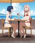  2girls :d alternate_breast_size_(smaller) anime_coloring bare_arms bare_legs bare_shoulders barefoot beach beach_umbrella bikini blue_bikini blue_sky bob_cut breasts chair cloud cloudy_sky collarbone commission darling_in_the_franxx day food from_side full_body green_eyes highres ice_cream ichigo_(darling_in_the_franxx) inverted_bob long_hair looking_at_another looking_at_food medium_hair mountain multiple_girls multiple_scoops navel ocean on_chair open_mouth outdoors parfait pixiv_commission red_bikini round_table sbel02 shoulder_blush sitting sky small_breasts smile stomach string_bikini swimsuit table teeth umbrella upper_teeth_only very_long_hair water zero_two_(darling_in_the_franxx) 