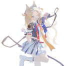  1girl animal_ears archetto_(arknights) archetto_(publicity_strategy)_(arknights) arknights blonde_hair blue_eyes boots bow chinese_commentary commentary_request gloves hands_up highres idol_clothes infection_monitor_(arknights) jiu_bu_gou_xian lion_ears long_hair looking_at_viewer midriff miniskirt official_alternate_costume open_mouth red_bow red_eyes short_sleeves simple_background skirt smile solo standing standing_on_one_leg white_background white_boots white_gloves white_skirt 