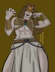 1girl abs ancient_egyptian ancient_egyptian_clothes armor artist_name bare_legs bikini_armor breasts covered_eyes egypt ennead fingernails genderswap genderswap_(mtf) lion_mask lipstick long_fingernails looking_at_viewer looking_down makeup medium_breasts navel sekhmet_(ennead) sethmeuamor short_hair simple_background thighs tiktok_username toned toned_female usekh_collar very_long_fingernails wide_hips yellow_background 