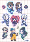  3girls 5girls :o artist_name axe beanie black_jacket black_pants black_scarf black_shirt blue_hat blue_outline blue_pants blue_vest blush blush_stickers bookmark boots braid brown_boots brown_eyes brown_hair brown_shoes chibi chibi_only clenched_hand closed_eyes commentary dress earmuffs english_commentary eyelashes front-tie_top full_body gas_mask green_outline green_pants grey_boots grey_hair grey_hoodie grey_jacket grey_outline grey_pants grid_background hair_bun hairband hand_in_pocket hands_in_pockets hat high_heels highres holding holding_axe holding_behind_back hood hood_down hoodie ichimiya_(kyokugen_dasshutsu) jacket junpei_(kyokugen_dasshutsu) kurashiki_akane kyokugen_dasshutsu kyokugen_dasshutsu:_9_jikan_9_nin_9_no_tobira layered_sleeves long_hair long_sleeves mask mature_male midriff multicolored_hair multiple_girls navel necktie niels_(kyokugen_dasshutsu) open_clothes open_jacket open_mouth open_vest orange_outline outline overalls pants pink_outline plaid_clothes plaid_shirt ponytail purple_dress purple_outline red_hair red_necktie red_outline red_shirt santa_(kyokugen_dasshutsu) scar scar_across_eye scar_on_cheek scar_on_face scarf seiharts seven_(kyokugen_dasshutsu) shirt shoes short_hair short_over_long_sleeves short_sleeves single_hair_bun single_side_bun thick_eyebrows twin_braids twintails two-tone_hair unworn_mask unworn_wristwatch vest white_background white_hair white_shirt yashiro_(kyokugen_dasshutsu) yellow_overalls yotsuba_(kyokugen_dasshutsu) zero_(kyokugen_dasshutsu) 