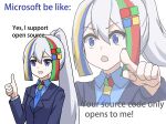  1girl absurdres blonde_hair blue_eyes blue_hair blue_jacket blue_necktie blue_shirt braid collared_shirt commentary copyright_name double-parted_bangs dress_shirt english_commentary english_text green_hair green_necktie grey_hair hair_between_eyes hair_ornament highres jacket microsoft multicolored_hair multicolored_necktie necktie office_lady open_mouth personification phonetik pointing projected_inset red_hair red_necktie shirt sidelocks single_braid talking thumbs_up upper_body v-shaped_eyebrows very_long_braid white_background windows_logo yellow_necktie 