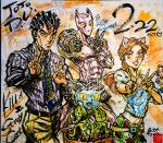  1girl 2boys 2others abs adversarial_noise animal_ear_hairband animal_ears ashiya_kouhei black_eyes black_hair blue_necktie blue_sky cat_day cat_ear_hairband cat_ears checkered_clothes checkered_skirt commentary_request cropped_shirt dated diamond_wa_kudakenai double_v fake_animal_ears hairband highres jojo_no_kimyou_na_bouken kawajiri_hayato kawajiri_kosaku kawajiri_shinobu killer_queen kira_yoshikage marker_(medium) midriff midriff_peek multiple_boys multiple_others navel necktie orange_eyes orange_hair petals shirt skirt sky smile stand_(jojo) stray_cat_(jojo) striped_clothes striped_shirt traditional_media v vertical-striped_clothes vertical-striped_shirt watermark 