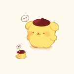  :3 animal animal_focus beret blush_stickers brown_hat closed_mouth commentary dog food full_body hat no_humans pompompurin pudding sanrio simple_background solid_circle_eyes solo standing tenmiyakiyo white_background 