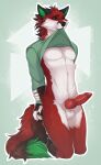  2023 abs absurd_res anthro balls bottomless canid canine clothed clothing digital_media_(artwork) fox fur genitals gerdeer green_eyes hi_res inner_ear_fluff lack_sclera looking_at_viewer male mammal no_underwear pantsless penis red_body red_fur shirt shirt_only topwear topwear_only tuft white_body white_fur 