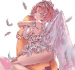  1girl absurdres armlet bead_armlet blush breasts closed_mouth commentary_request falling_feathers feathered_wings feathers frilled_one-piece_swimsuit frills from_side hair_ornament highres jewelry konokomaramara large_breasts looking_at_viewer medium_hair official_alternate_costume one-piece_swimsuit pink_hair purple_eyes remielle_dan remielle_dan_(seashade_pas_seul) shell shell_hair_ornament sideboob simple_background sitting smile solo starfish swimsuit white_background white_one-piece_swimsuit white_wings wings zenless_zone_zero 