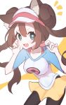  1girl animal_ear_fluff animal_ears black_pantyhose blue_eyes blush breasts brown_hair claw_pose commentary_request donut_hair_bun double_bun fang hair_between_eyes hair_bun highres nemu_runa pantyhose pantyhose_under_shorts poke_ball_print pokemon pokemon_black_2_and_white_2 raglan_sleeves rosa_(pokemon) shirt shorts sidelocks skin_fang skirt solo twintails visor_cap white_shirt yellow_background yellow_shorts yellow_skirt 