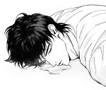  1boy adam's_apple closed_eyes closed_mouth drooling greyscale highres lying male_focus monochrome on_stomach pyogopyogoyum rukawa_kaede short_hair simple_background slam_dunk_(series) sleeping solo white_background 