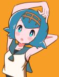  1girl :o arm_up armpits blue_eyes blue_hair blush_stickers bright_pupils commentary hairband hakasenoe halo halo_behind_head lana_(pokemon) looking_at_viewer no_sclera open_mouth pokemon pokemon_sun_and_moon shirt short_hair simple_background sleeveless sleeveless_shirt solo upper_body white_pupils white_shirt yellow_background yellow_hairband 
