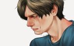  1boy absurdres artist_name blue_eyes blue_shirt brown_hair che_sue00 commentary crying crying_with_eyes_open english_commentary half-closed_eyes highres leon_s._kennedy male_focus painterly portrait resident_evil resident_evil_2 shirt short_hair solo streaming_tears tears twitter_username 