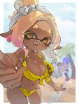  1boy 2girls artist_name ass ass_visible_through_thighs ball bare_shoulders beach beachball big_man_(splatoon) bikini black_thighhighs blonde_hair blue_bikini blue_hair blush border breasts chanryi cleavage clothing_cutout cloud cloudy_sky collarbone colored_eyelashes commentary cowboy_shot cross-shaped_pupils dark-skinned_female dark_skin day earrings fangs flower flower_earrings front-tie_bikini_top front-tie_top frye_(splatoon) goggles goggles_on_head gradient_hair hair_flower hair_ornament highres inkling jewelry large_breasts multi-strapped_bikini_bottom multicolored_hair multiple_girls navel o-ring o-ring_top octoling okobo open_mouth outdoors outside_border outstretched_arm palm_tree pink_hair platform_sandals pointy_ears reaching reaching_towards_viewer sand sandals shiver_(splatoon) signature single_earring sky splashing splatoon_(series) stomach swimsuit symbol-shaped_pupils teeth tentacle_hair thighhighs thighs tree twitter_username wet white_border yellow_bikini yellow_eyes 