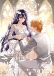  1boy 1girl bambietta_basterbine bare_shoulders black_hair bleach bleach:_sennen_kessen-hen breasts bridal_veil choker church closed_mouth collarbone commentary corrupted_twitter_file couple day deadman70232800 dress dress_flower english_commentary eyelashes falling_petals feet_out_of_frame flower from_side grey_eyes grey_jacket grey_pants grey_suit hair_between_eyes hair_flower hair_ornament hands_up hetero highres holding holding_hands holding_jewelry holding_ring indoors jacket jewelry kurosaki_ichigo large_breasts long_hair looking_at_another necklace nose off-shoulder_dress off_shoulder on_one_knee orange_eyes orange_hair pants parted_lips petals profile red_lips ring rose short_hair sitting sleeves_past_wrists smile spiked_hair suit tsurime veil very_long_hair wedding wedding_dress wedding_ring white_choker white_dress white_flower white_rose white_veil 