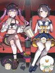  2girls azuma_(azmdraw) baseball_cap bibi_(tokoyami_towa) black_hair black_shorts blue_eyes bow commentary_request cropped_jacket crossed_legs demon_tail dress drinking_straw eating food green_eyes hair_bow hat highres hololive midriff movie_theater multiple_girls navel navel_piercing oozora_subaru oozora_subaru_(school_uniform) piercing popcorn popcorn_bucket purple_hair shorts sitting subatomo_(big) subatomo_(small) tail thighhighs tokoyami_towa tokoyami_towa_(1st_costume) twintails virtual_youtuber white_thighhighs 