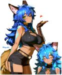 1girl absurdres animal_ear_fluff animal_ears bare_shoulders belt black_shorts black_sweater blowing_kiss blue_hair brown_belt brown_gloves closed_mouth commentary cowboy_shot crop_top cropped_sweater dark-skinned_female dark_skin fingerless_gloves gloves green_eyes hair_between_eyes hair_ornament hairclip heart hepari highres long_hair looking_at_viewer midriff multiple_views navel one_eye_closed original short_shorts shorts simple_background single_glove sleeveless sleeveless_sweater sleeveless_turtleneck sweater tail turtleneck turtleneck_sweater twitter_username white_background wolf_ears wolf_girl wolf_tail x_hair_ornament 