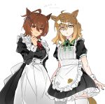  2girls :o agnes_tachyon_(umamusume) ahoge alternate_costume animal_ears apron bow bowtie braid brown_hair brown_tail closed_mouth commentary crossed_bangs ear_ribbon earrings enmaided frilled_apron frills green_bow green_bowtie hair_between_eyes hair_ornament hairclip half_up_braid hand_up highres horse_ears horse_girl horse_tail jewelry juliet_sleeves jungle_pocket_(umamusume) light_smile long_sleeves looking_at_viewer maid maid_apron medium_hair multiple_girls notched_ear open_mouth puffy_short_sleeves puffy_sleeves red_bow red_bowtie red_eyes ribbon short_sleeves sidelocks simple_background superduckvv tail thighhighs twitter_username umamusume white_background white_thighhighs wrist_cuffs yellow_eyes 