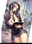  1girl artist_name black_hair blurry blurry_background breasts choker commentary_request computer_mouse desk earrings english_text fingernails glasses highres holding holding_notebook hoop_earrings jacket jewelry large_breasts long_fingernails loose_necktie miniskirt mole mole_under_mouth monitor necktie notebook office_lady on_desk open_clothes open_jacket open_mouth original pink_eyes rioliogiz sitting skirt solo soraza_(rioliogiz) talking_on_phone thighs window writing 