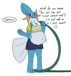  anthro belly big_belly blue_body breasts cleavage clothed clothing dialogue female generation_3_pokemon hose inflation loray_(thatoneaceguy) mudkip navel nintendo offscreen_character open_mouth pokemon pokemon_(species) simple_background solo standing text thatoneaceguy water water_inflation 