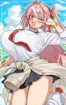  1girl absurdres black_skirt blue_sky blush bracelet breasts clothes_around_waist collared_shirt commentary_request fate/grand_order fate_(series) flower grey_sweater hair_flower hair_intakes hair_ornament half_updo highres huge_breasts jewelry long_hair looking_at_viewer loose_socks necktie one_eye_closed open_mouth pink_hair red_eyes shirt skirt sky sleeves_rolled_up smile socks solo sweater sweater_around_waist thighs v verdandi_(fate) white_shirt white_socks yayoi_maka 