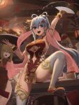  2girls alternate_costume alternate_hairstyle aqua_(konosuba) arm_strap arm_up armpits artist_name ass_visible_through_thighs blonde_hair blue_eyes blue_hair blurry blurry_background breasts chinese_clothes cleavage cleavage_cutout clothing_cutout commentary darkness_(konosuba) dress dust_(konosuba) english_commentary food from_below hagoromo hair_ornament hair_rings hand_fan highres holding holding_fan holding_plate indoors knee_up kono_subarashii_sekai_ni_shukufuku_wo! long_hair looking_at_another low-tied_long_hair mixed-language_commentary multiple_girls navel navel_cutout no_panties ola_(bunnyfly) open_mouth pelvic_curtain plate qipao red_dress red_shoes shawl shoes sideless_dress sleeveless sleeveless_dress smile solo_focus sphere_hair_ornament splashing standing stepping_on_object stool thighhighs thighs turkey_(food) water white_thighhighs wooden_ceiling wooden_stool x_hair_ornament 