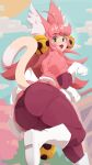  1girl :3 absurdres ahoge animal_ear_fluff animal_ears ass ass_focus bell blush boots breasts cat_ears cat_girl cat_tail commentary deltarune dress english_commentary fang fang_out foot_out_of_frame from_behind gloves green_eyes hair_bell hair_ornament hands_up highres huge_ass layered_skirt looking_at_viewer mad_mew_mew medium_breasts nade_arts open_mouth outdoors panties panties_under_pantyhose pantyhose paw_pose pink_dress pink_hair pink_pantyhose puffy_short_sleeves puffy_sleeves short_sleeves skirt sky slit_pupils solo tail thick_thighs thighs underwear utdr_(toby_fox) white_boots white_gloves white_skirt 