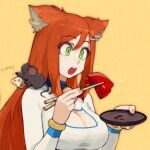  1girl animal_ears animal_on_shoulder blue_trim blush borrowed_character breasts cat_cutout cheese chopsticks cleavage cleavage_cutout clothing_cutout commentary commission crop_top cropped cup eating english_commentary english_text eyelashes fingernails fish_skeleton_hair_ornament food green_eyes hair_between_eyes hair_ornament hairclip hands_up highres holding holding_chopsticks holding_plate holding_with_chopsticks jenna_lynn_meowri jun_(navigavi) large_breasts long_hair long_sleeves looking_at_food motion_lines mouse_(animal) mouse_on_shoulder nose open_mouth orange_hair original plate round_teeth shirt sidelocks simple_background skeb_commission solo teeth turtleneck turtleneck_shirt upper_body upper_teeth_only yellow_background 
