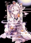  1girl closed_mouth commentary cover cover_page english_commentary flower hair_ornament holding holding_flower japanese_clothes kana_(mahoiku) long_hair looking_at_viewer mahou_shoujo_ikusei_keikaku mahou_shoujo_ikusei_keikaku_white maruino multicolored_hair novel_cover official_art purple_eyes smile tassel third-party_source wide_sleeves 
